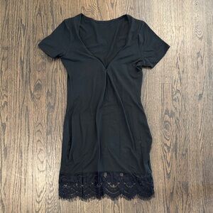Black V-Neck Short Sleeve Dress with Lace Hem